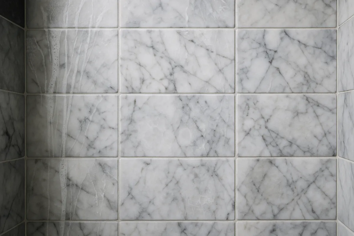 Before: stained shower wall stone surface