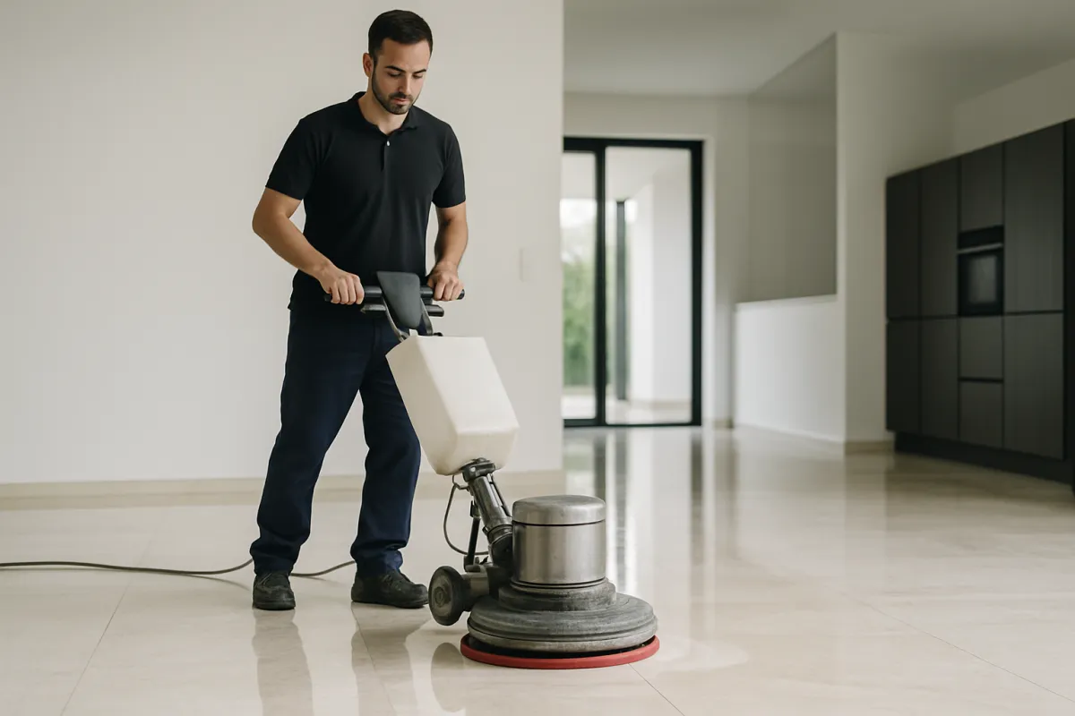 Technician polishing a marble floor in a bright foyer