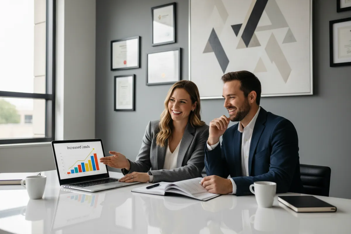 A confident mortgage broker reviewing a report with a client, both smiling as they look at a laptop showing a graph of increased leads, in a modern office with certificates on the wall.