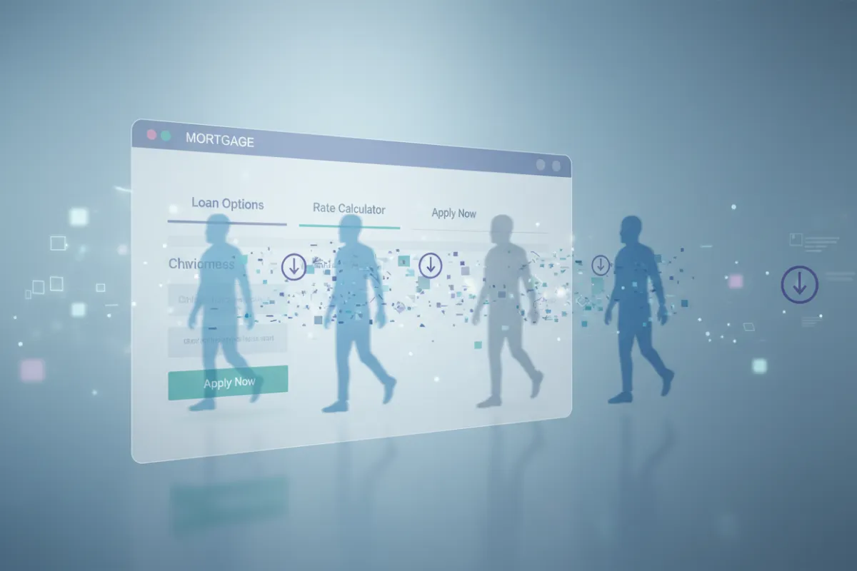 Abstract visualization of anonymous website visitors as blurred silhouettes moving past a mortgage website interface, with faded data points and missed lead icons.