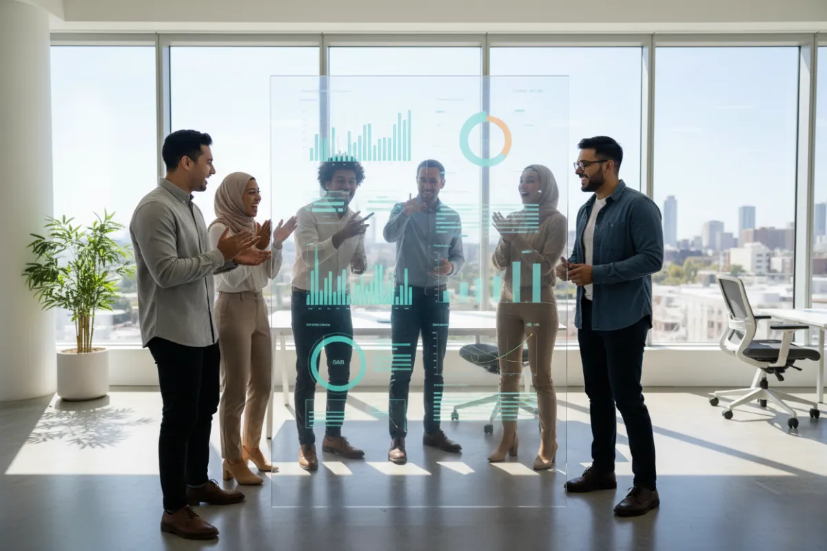 A diverse group of mortgage professionals in a bright office, gathered around a large digital dashboard displaying anonymous website visitor analytics. The team is engaged, pointing at conversion metrics, with cityscape windows in the background. The scene conveys discovery, teamwork, and excitement about new lead opportunities.