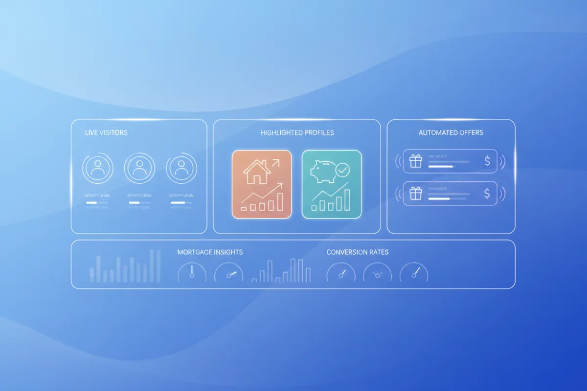 A stylized dashboard interface showing real-time identification of website visitors, with highlighted profiles and automated offer notifications, set against a gradient blue background.