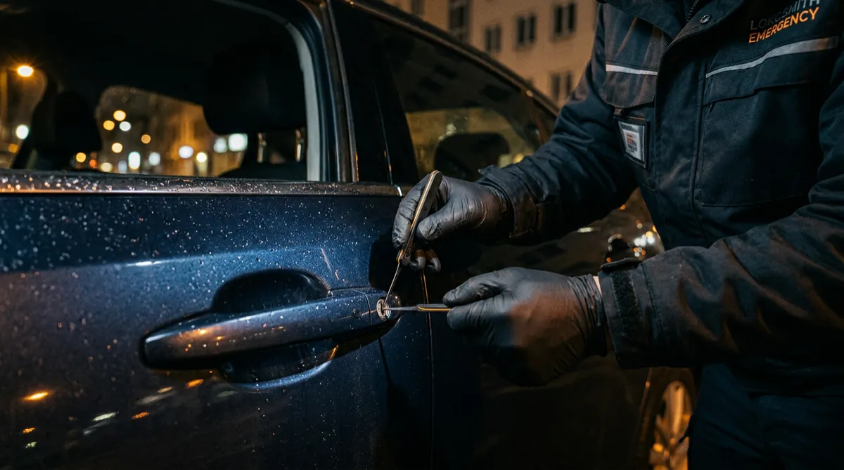Automotive locksmith opening a locked vehicle door using non-destructive precision tools