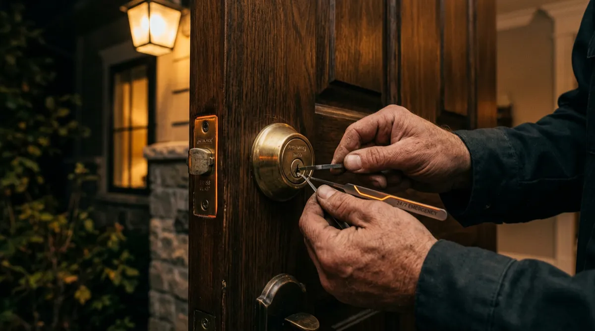 Emergency residential locksmith unlocking a front entry door deadbolt lock