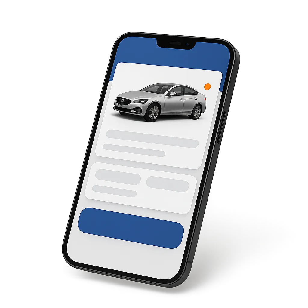 Floating high-tech smartphone interface displaying an automotive booking