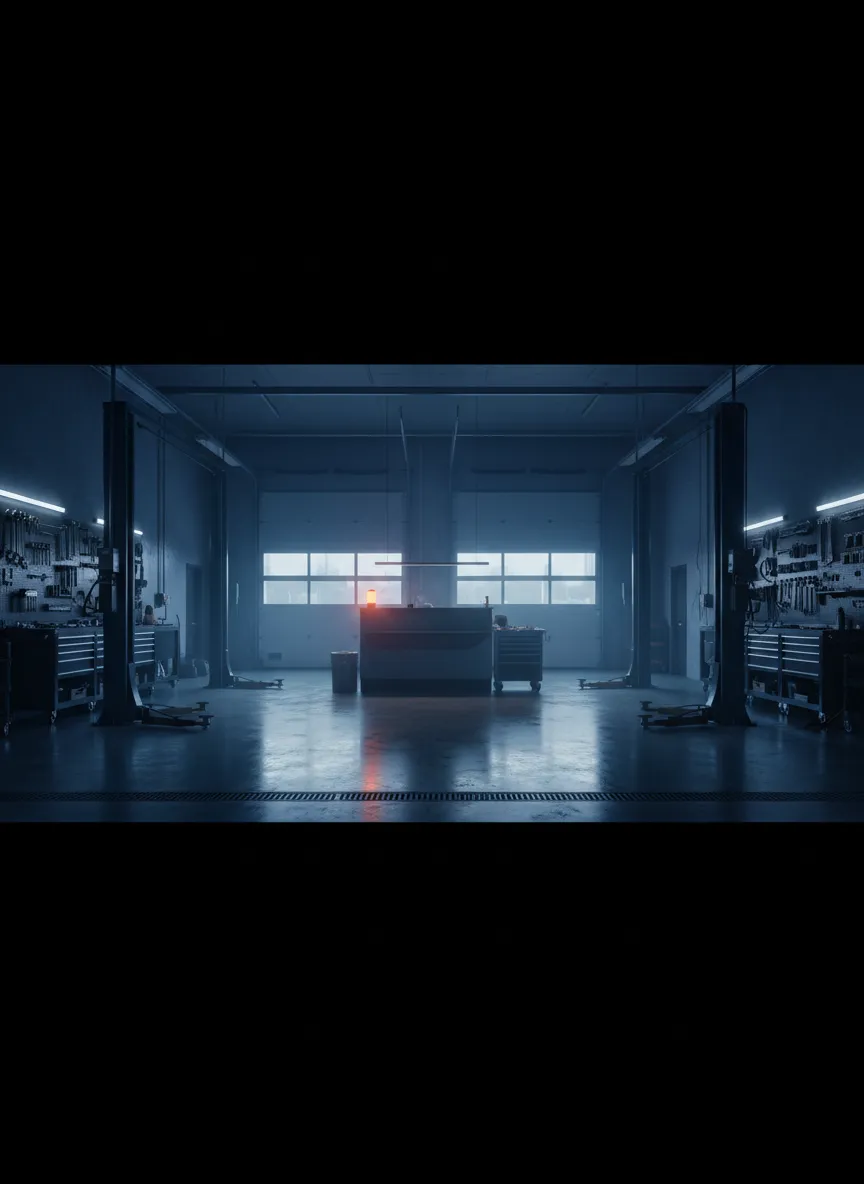 A modern auto repair shop with closed bay doors at night, symbolizing missed after-hours opportunities