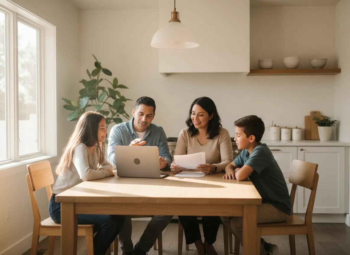 Montana family sitting together reviewing finances at a kitchen table