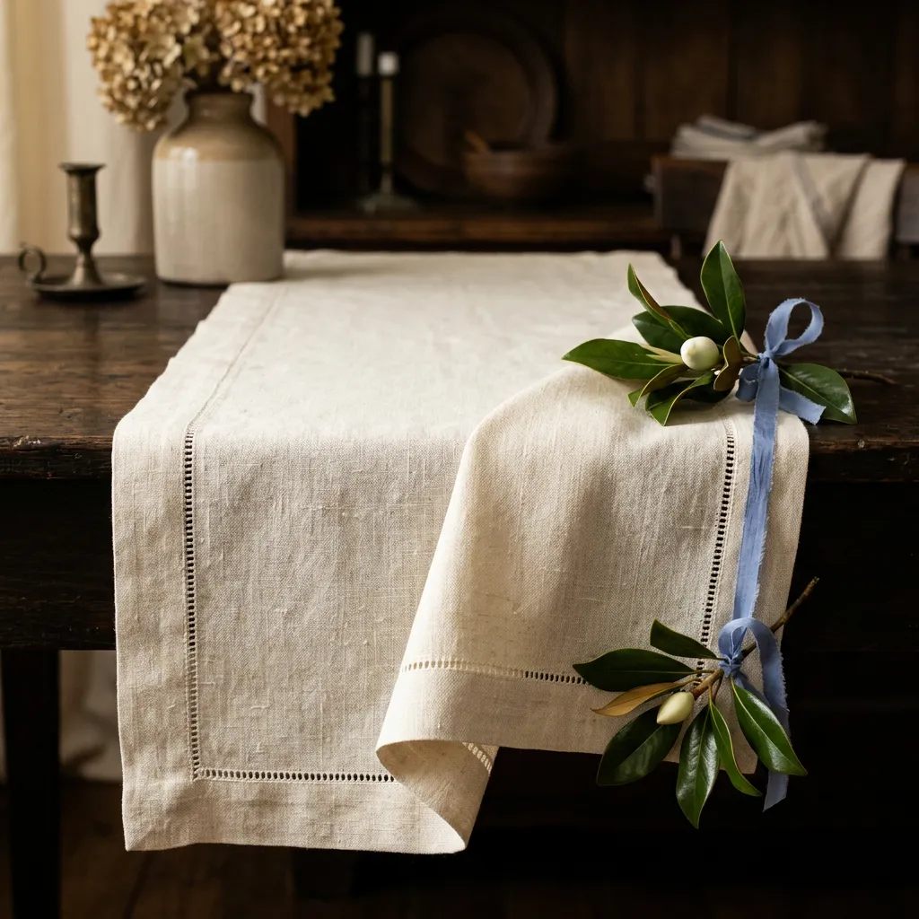 Savannah Heirloom Hemstitch Linen Table Runner in natural ivory