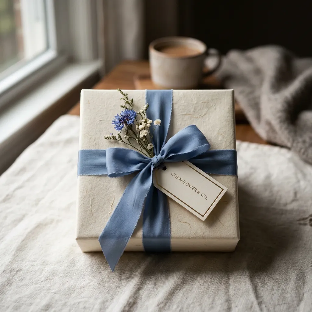 Artisanal keepsake gift box wrapped in textured cream paper with a French cornflower blue silk ribbon and dried botanical blossom