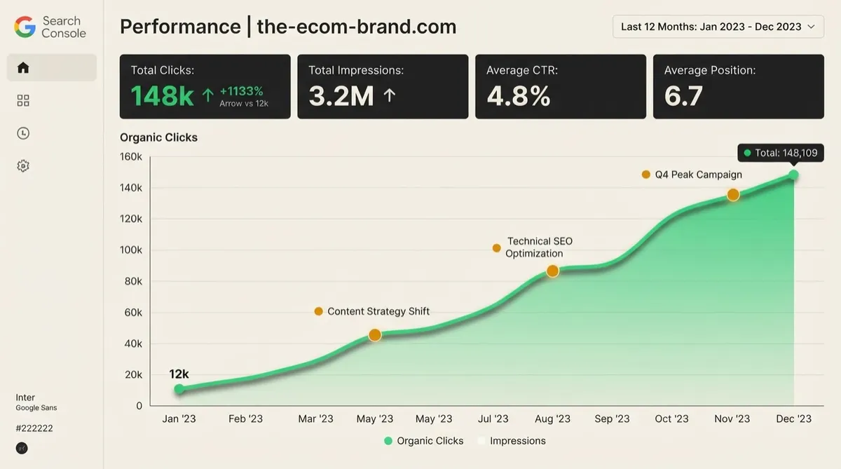 Google Search Console analytics graph showing exponential organic clicks growth from 12k to 148k monthly sessions