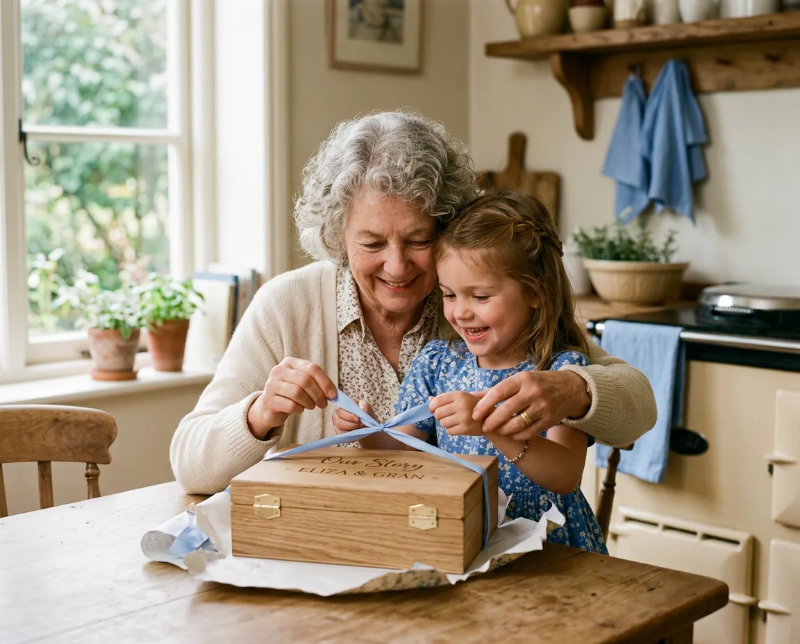 Grandmother and daughter embracing warmly while unwrapping a personalized heirloom keepsake gift box together