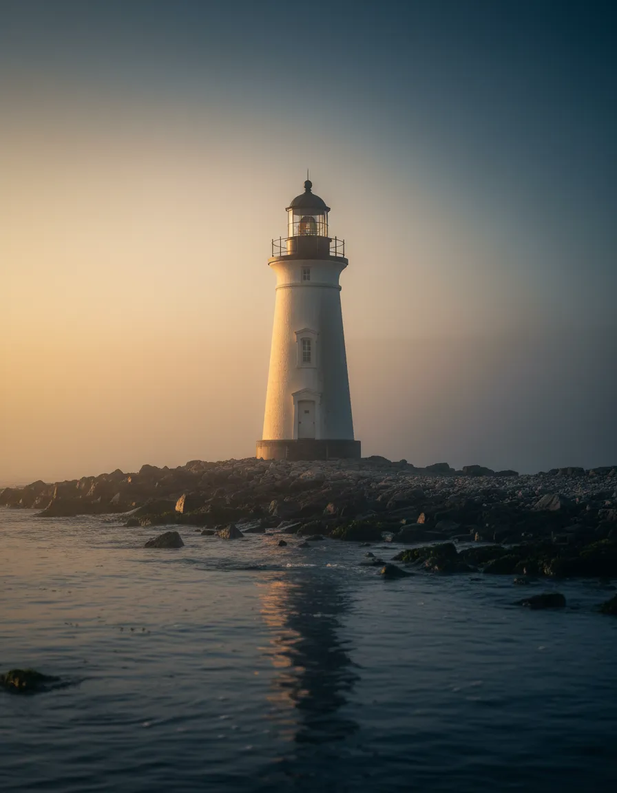 A comforting lighthouse in soft sunrise light representing guidance and safe harbor