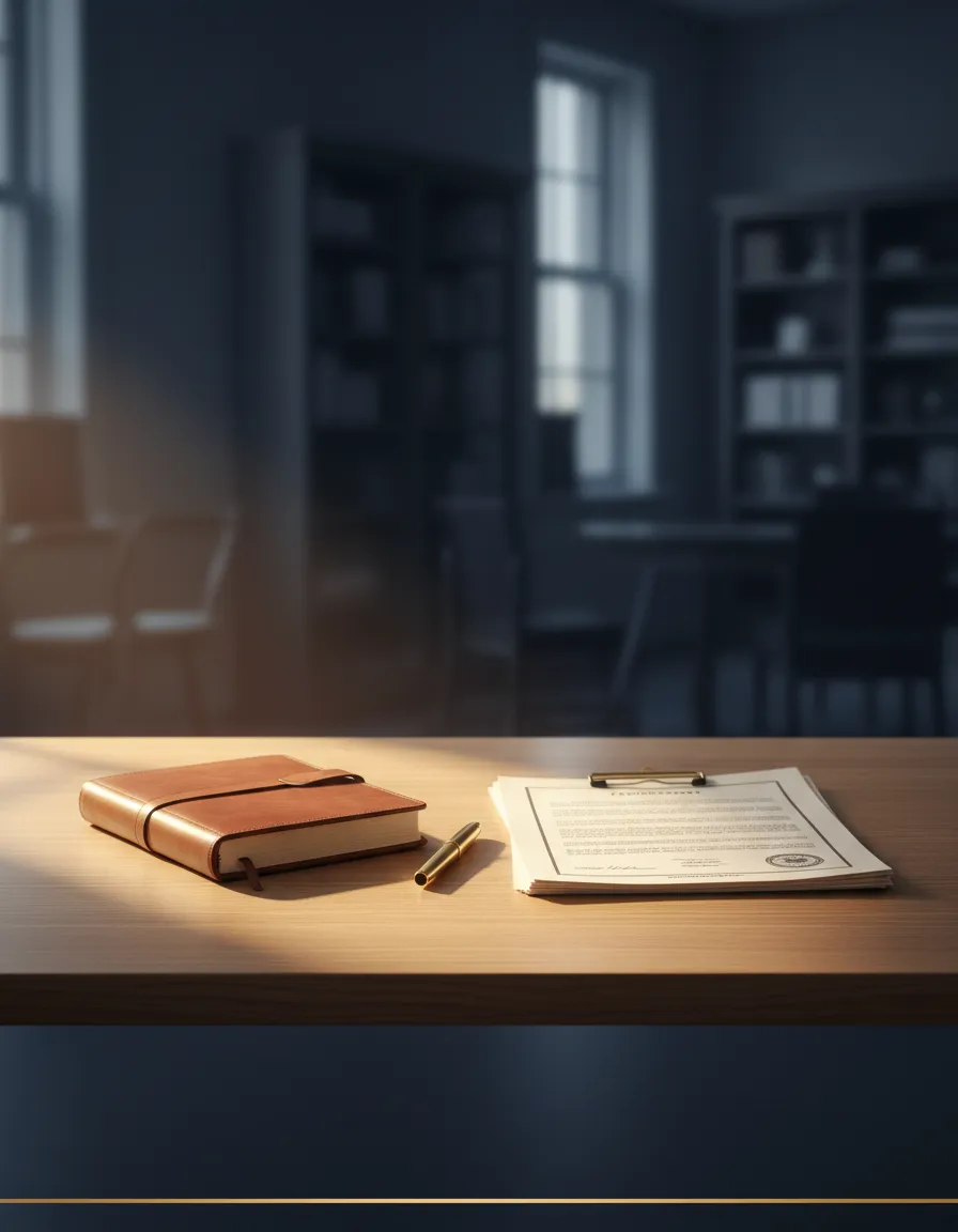 A calm, organized desk with paperwork and a warm sunrise glow, symbolizing clarity and peace of mind.