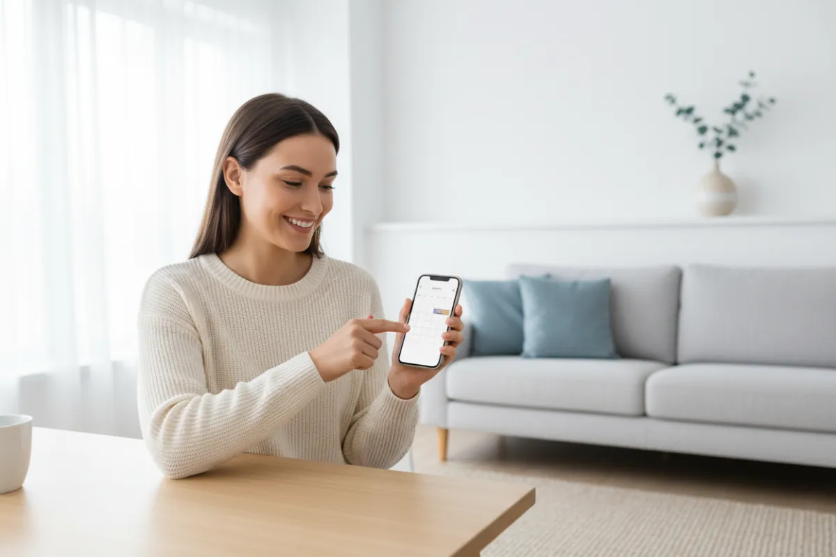 Een jonge vrouw lacht terwijl ze eenvoudig een afspraak boekt op haar smartphone, zittend aan een lichte houten tafel in een moderne woonkamer. De achtergrond is helder en minimalistisch, met zachte blauwe accenten die een vriendelijke sfeer uitstralen.