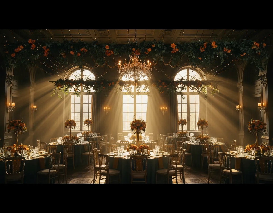 Salón con decoración temática para boda