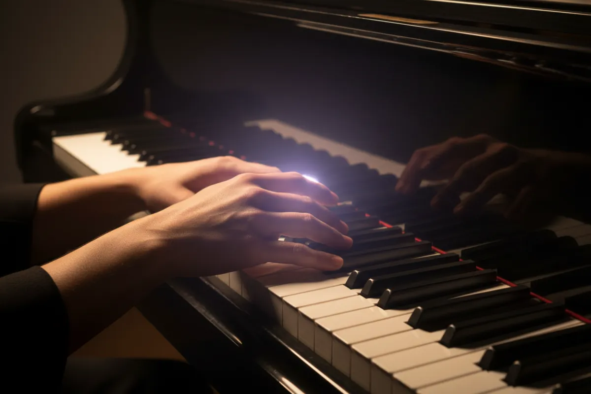 Album cover with close-up of hands on piano keys under soft lavender highlights.