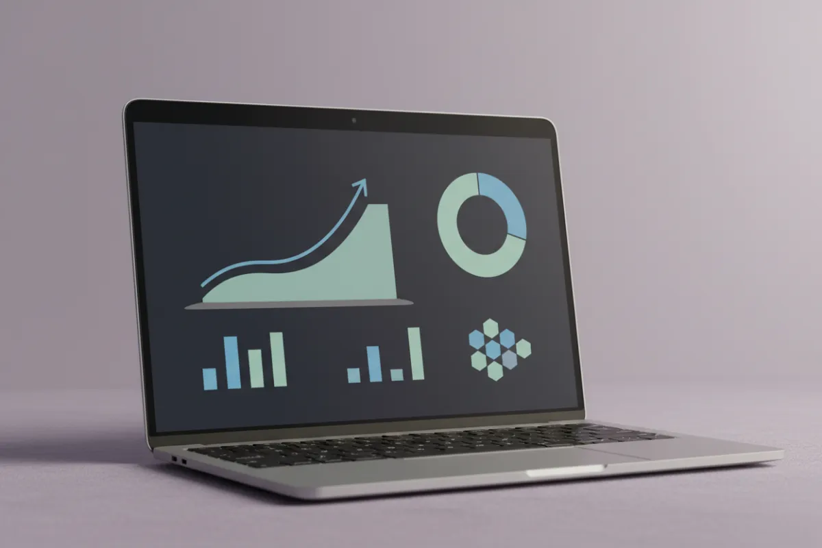 Analytics dashboard on a laptop screen showing anonymized metrics