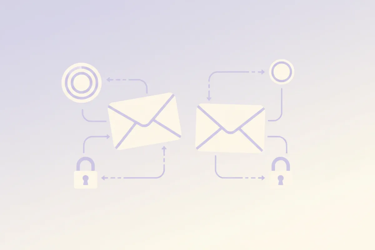 Stylized data flow diagram with envelopes, charts, and secure locks