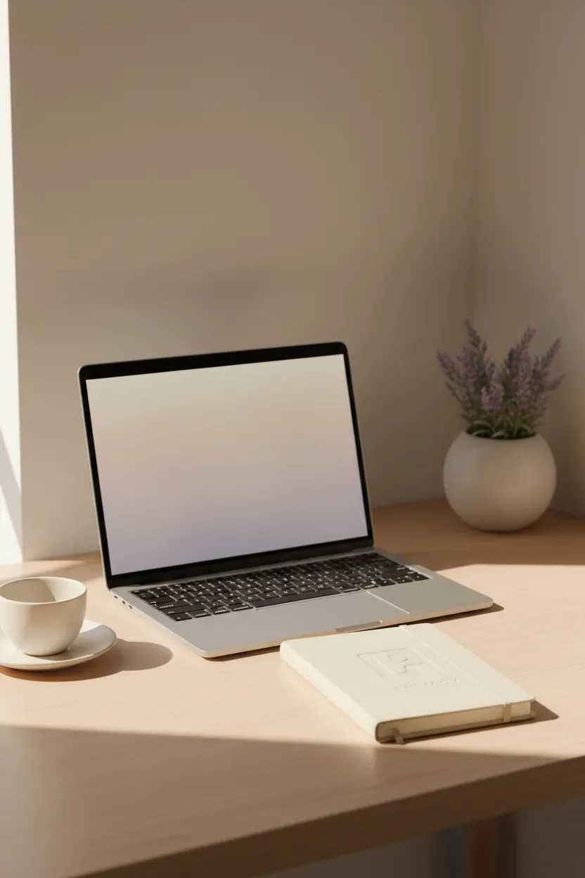 Neutral professional desk with an open laptop and a notebook labeled 'Privacy' in warm tones.