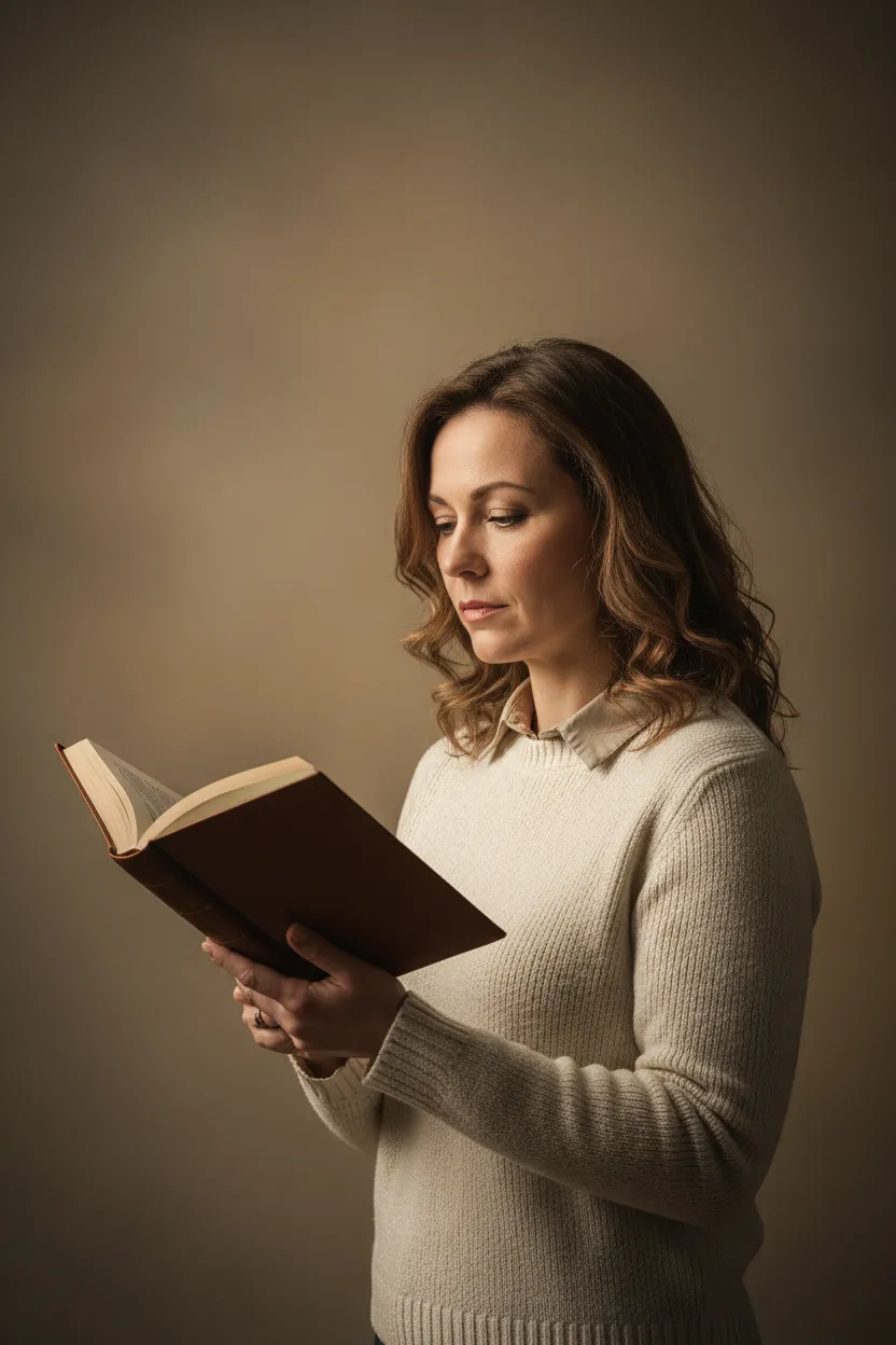 Contemplative teacher holding an open book in soft natural light.