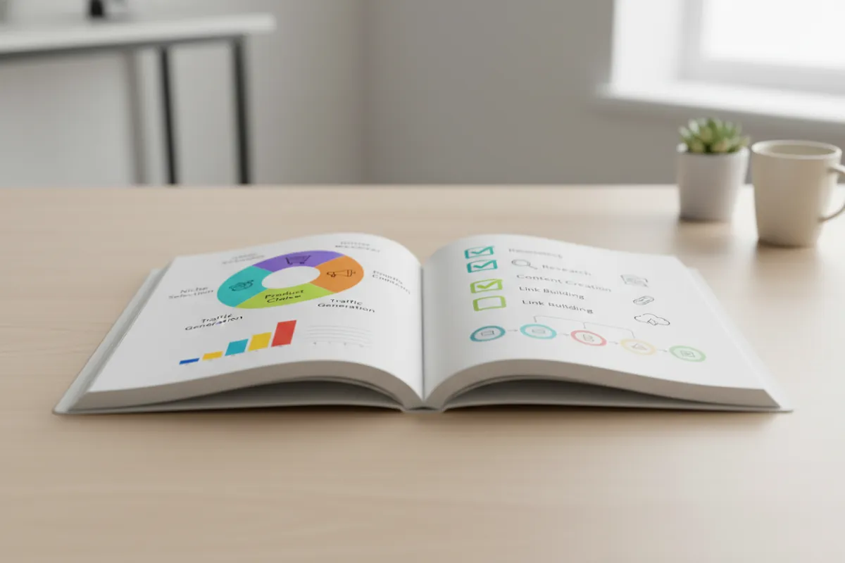 A detailed spread of an open eBook, showing colorful infographics, checklists, and step-by-step guides. The pages are filled with actionable content, designed to be visually engaging and easy to follow for new affiliate marketers.