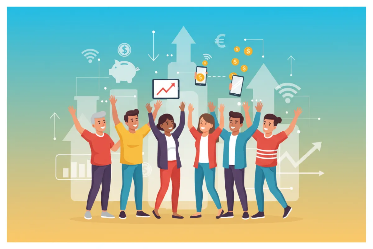 A vibrant, modern eBook cover showing a diverse group of people celebrating online income success, with digital icons and charts in the background. The design is clean, energetic, and inviting, appealing to beginners seeking financial freedom.