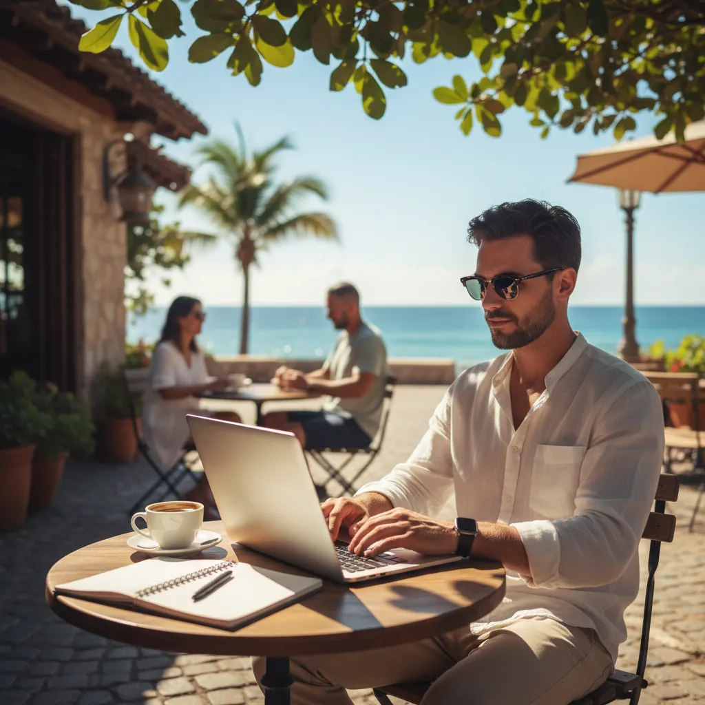 A young man working on a laptop at a sunny outdoor café, with a coffee and notebook beside him. The scene highlights flexibility and freedom, ideal for those seeking work-life balance through affiliate marketing.