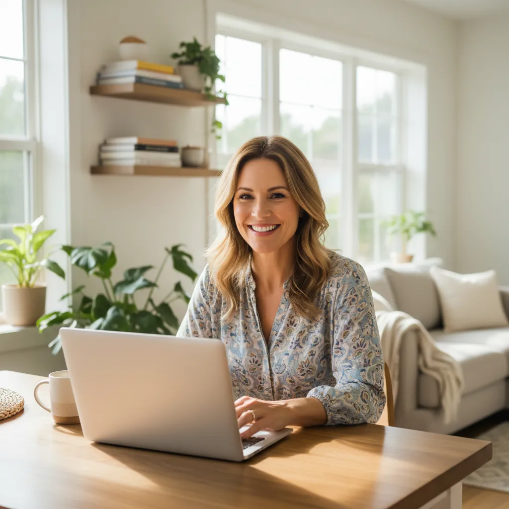 A cheerful woman in her 40s, sitting at a kitchen table with a laptop, smiling confidently. The background is a bright, welcoming home, emphasizing approachability and the ease of starting without technical skills.