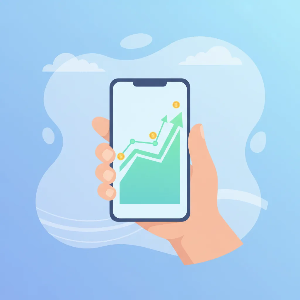 A hand holding a smartphone displaying a growing earnings graph, set against a soft blue background. The image conveys ease and accessibility, with a focus on passive income opportunities for non-technical users.