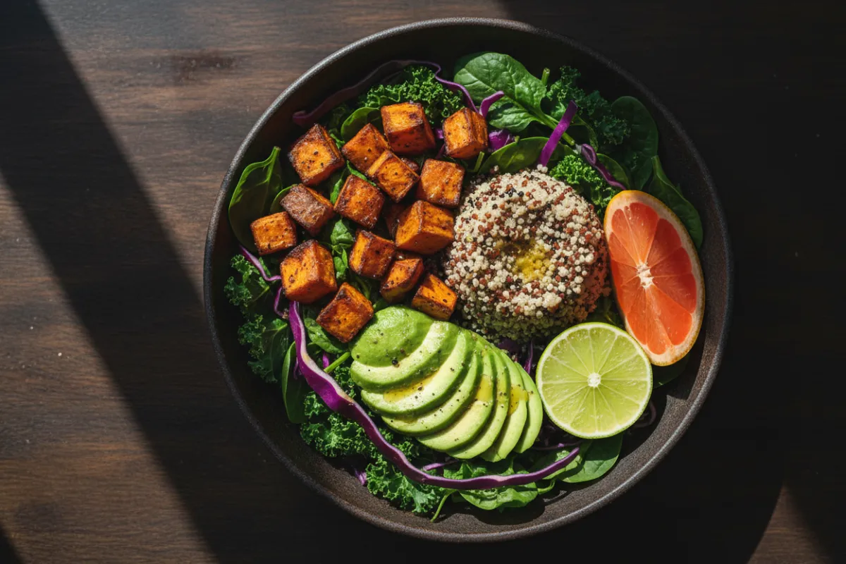 Colorful plant-rich bowl with greens, roasted sweet potato, quinoa, avocado, and citrus wedge