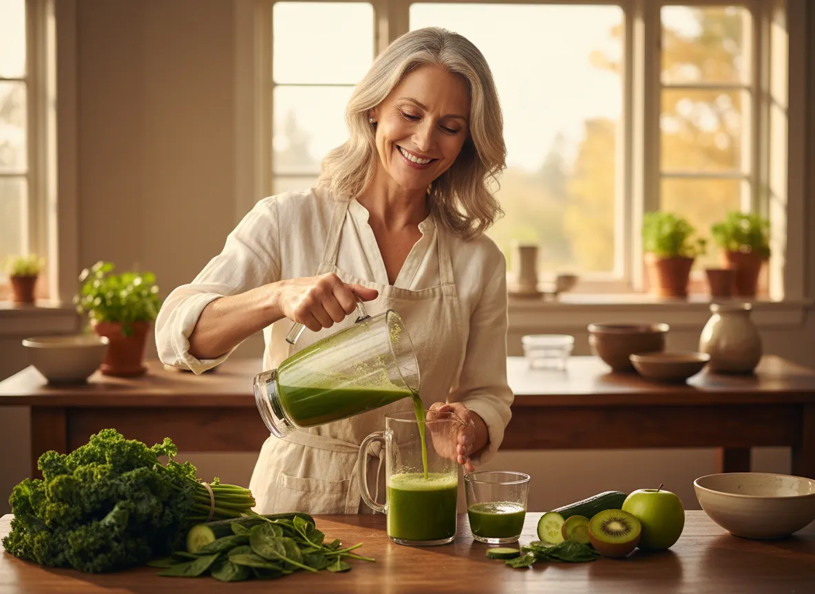 Woman in her 50s preparing green juice in a bright kitchen