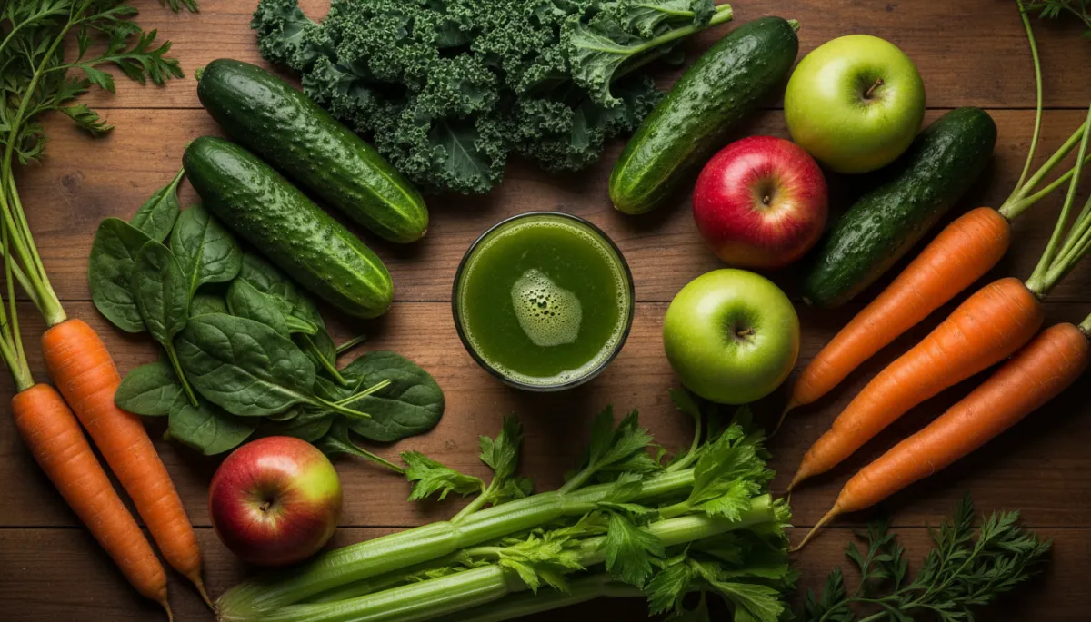 Top-down flat lay of fresh produce and green juice on wood