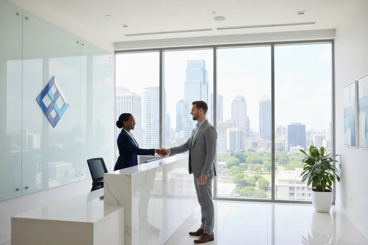 Ein moderner Empfangsbereich eines Büros mit einer Glaswand, einem sichtbaren Firmenlogo und einem vielfältigen Teammitglied, das einen Besucher begrüßt. Die Umgebung ist hell, mit natürlichem Tageslicht, und im Hintergrund ist eine Stadtlandschaft durch die Fenster zu sehen. Die Komposition betont Professionalität und Zugänglichkeit, mit klarem Fokus auf die Interaktion am Empfang.