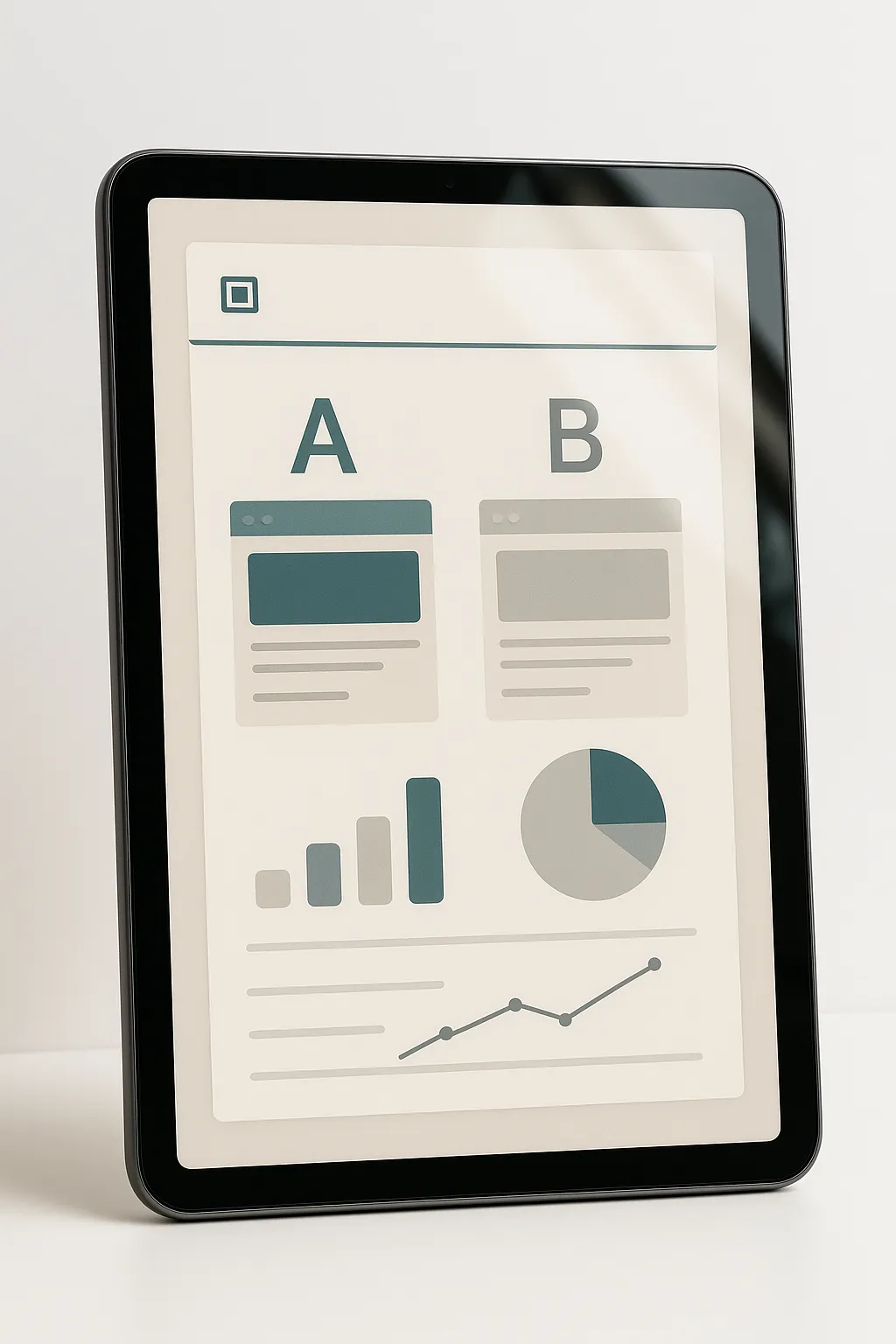 A/B testing results on tablet with neutral background and teal cues