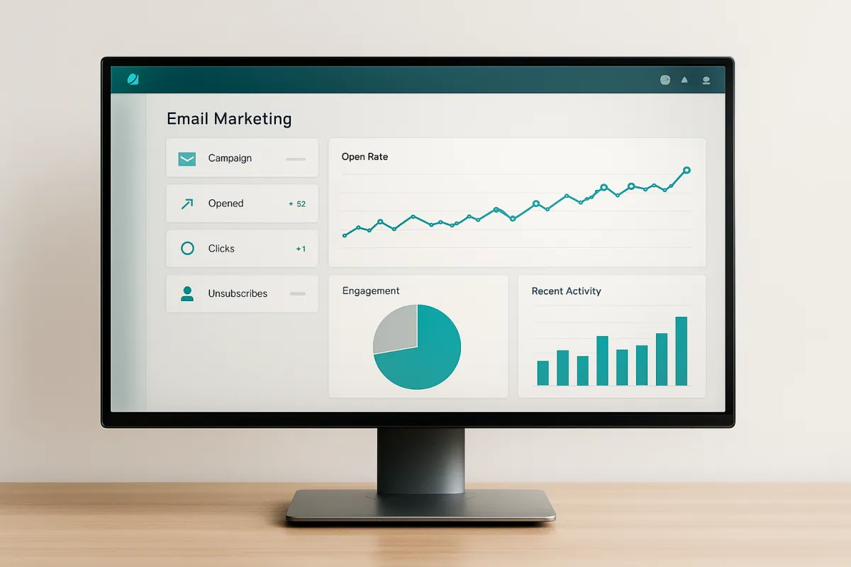 Email marketing dashboard on large monitor with teal highlights