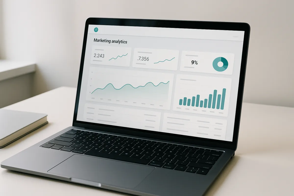 Realistic digital marketing analytics dashboard on laptop with subtle teal accents