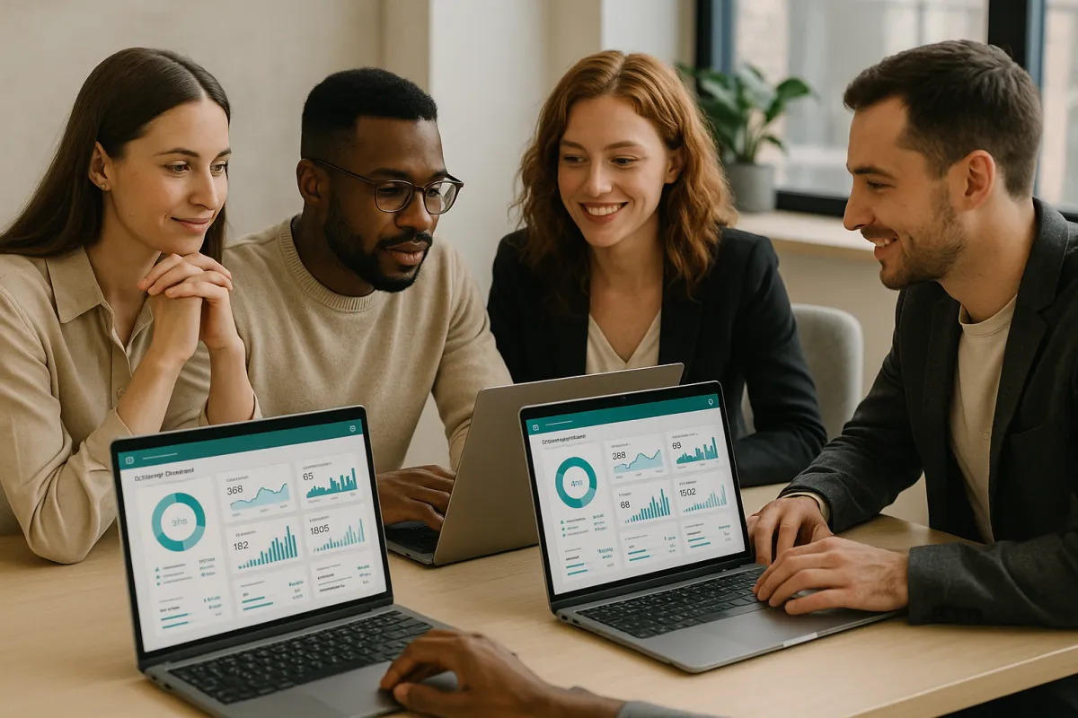 Corporate team collaborating on a digital marketing campaign with teal highlights