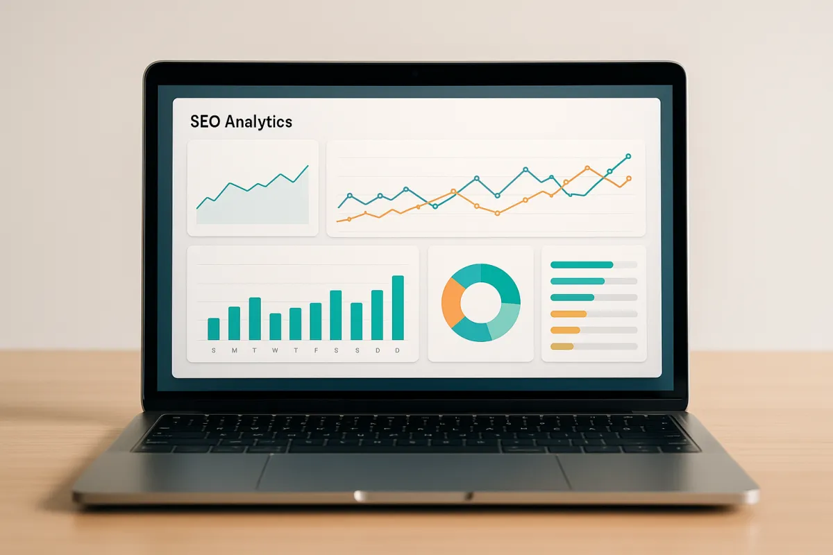 SEO analytics dashboard with clean graphs and teal accents