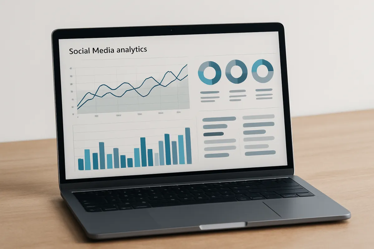 Social media analytics on laptop with teal visual cues