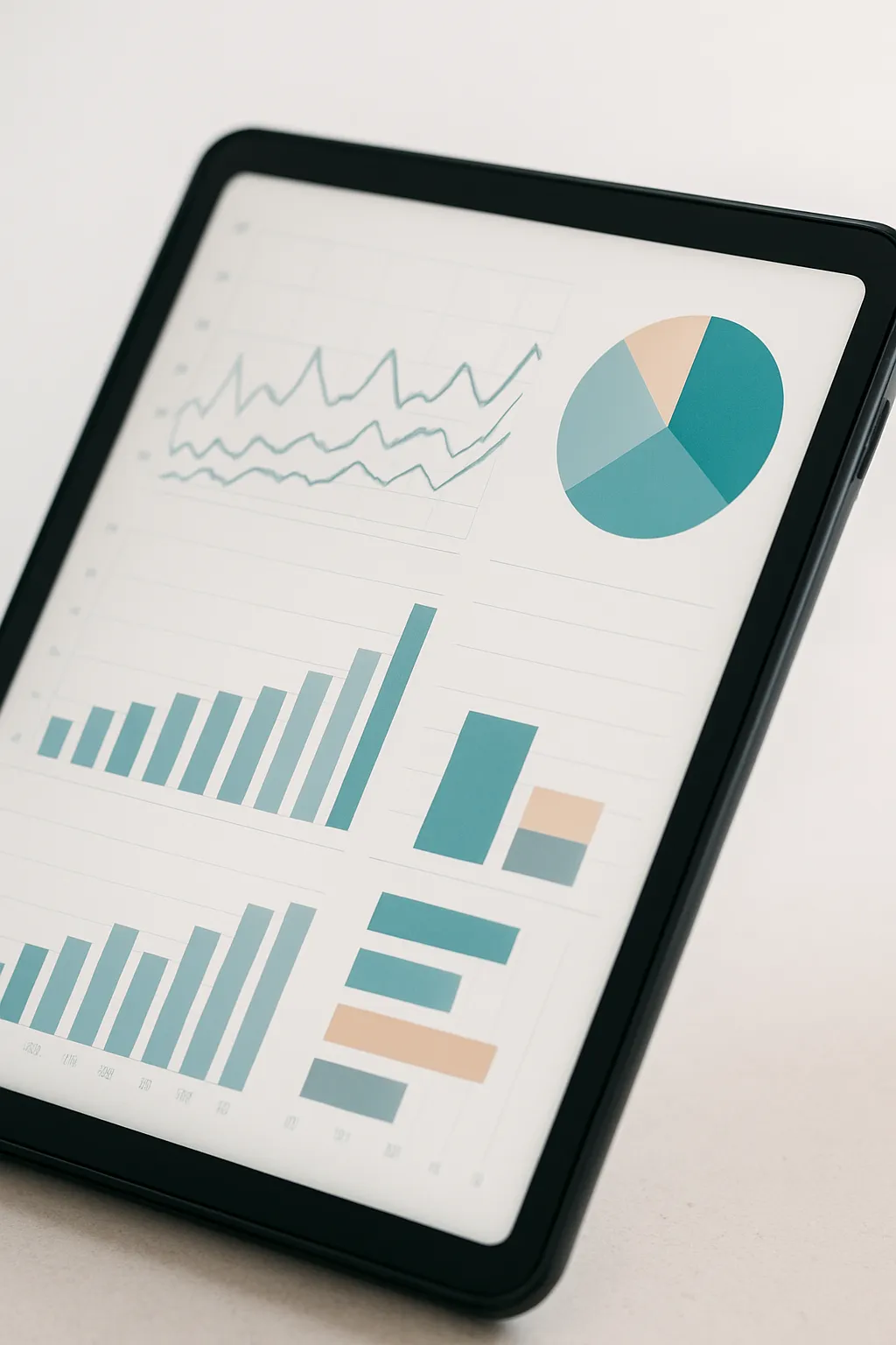 Marketing analytics charts on tablet with clean, teal-accented UI