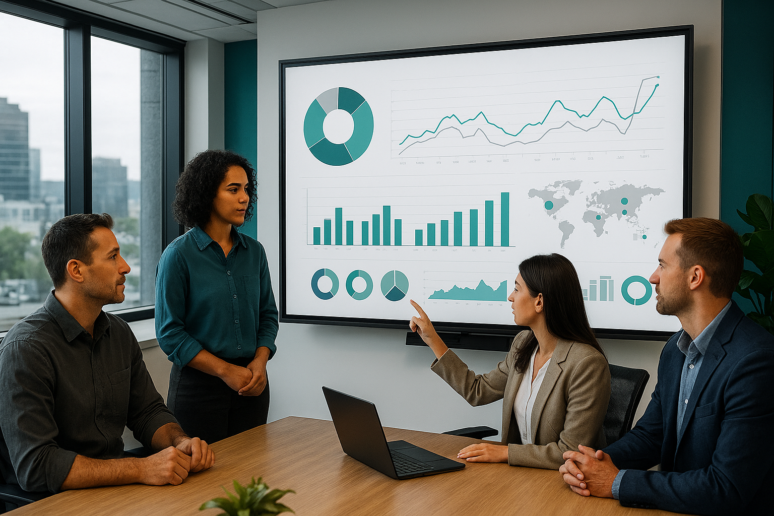 Customer journey mapping meeting with laptops, clean corporate style