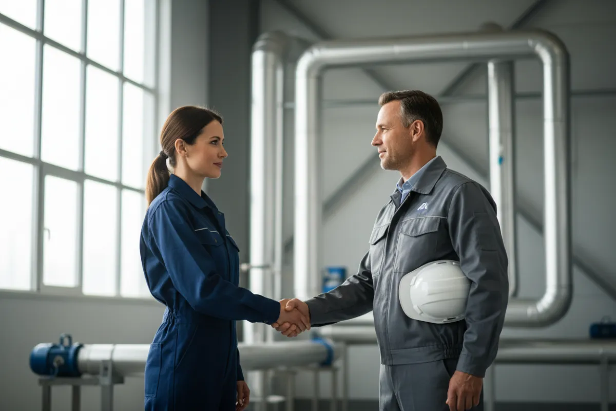 Twee zakenpartners schudden handen in fabriekshal, vrouw en man, verschillende leeftijden, industriële achtergrond, focus op vertrouwen en samenwerking, 3:2 verhouding