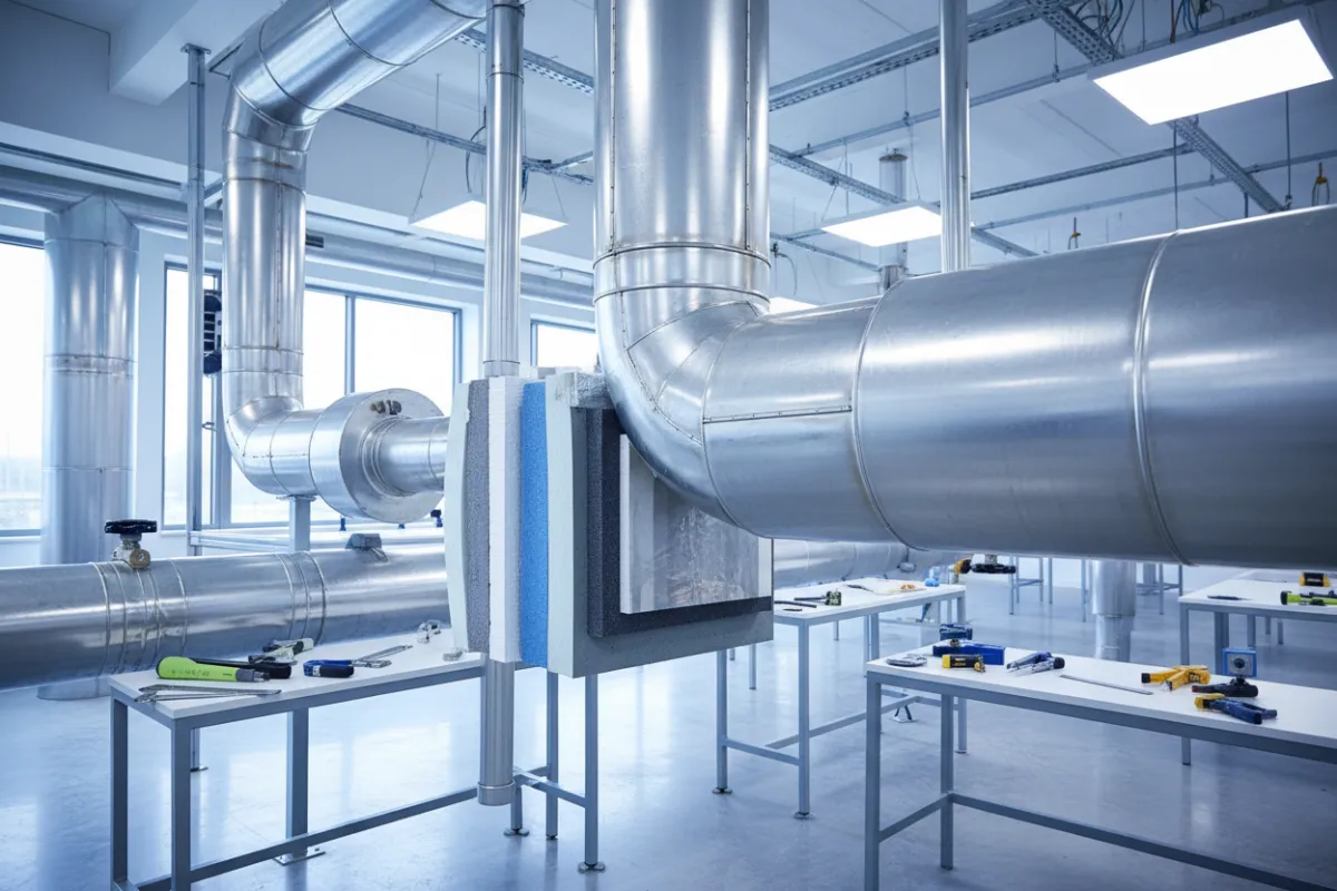 Een technisch isolatieproject in uitvoering, met nauwkeurige afwerking en moderne materialen, gefotografeerd in een lichte industriële omgeving. Het beeld straalt precisie, vakmanschap en hoogwaardige afwerking uit, zonder zichtbare personen, met focus op details.