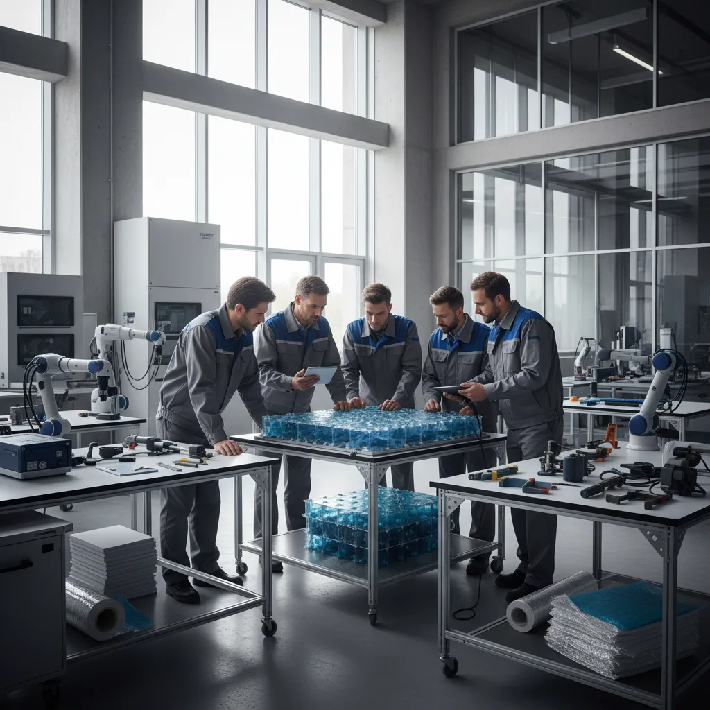 Een team van technische specialisten werkt samen aan een innovatief isolatieproject in een moderne werkplaats. De sfeer is professioneel en gefocust, met diverse gereedschappen en materialen zichtbaar. Het beeld straalt samenwerking, expertise en vooruitgang uit.