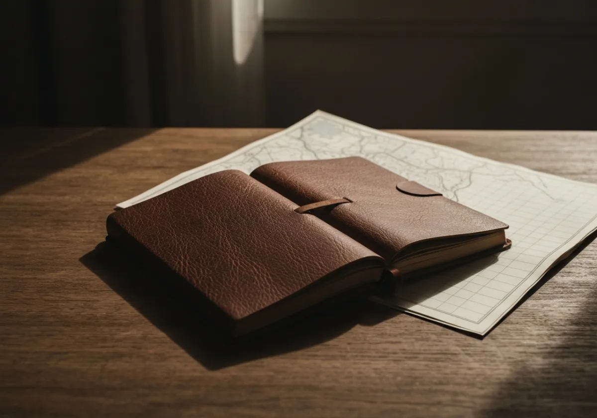 Desaturated, moody visual map or journal laying on a table