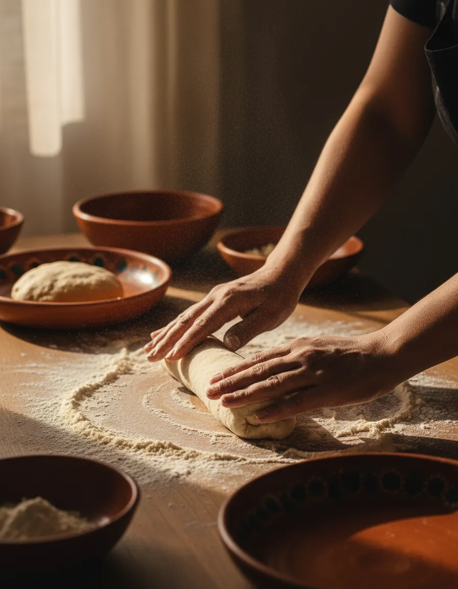 A baker rolling out traditional dough for Peruvian sweets