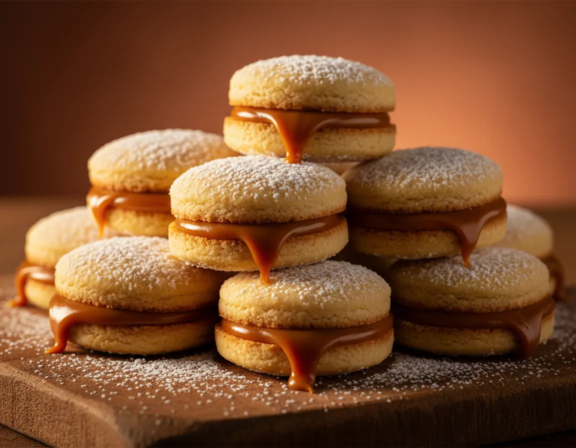 Macro photo of Alfajores cookies with dulce de leche