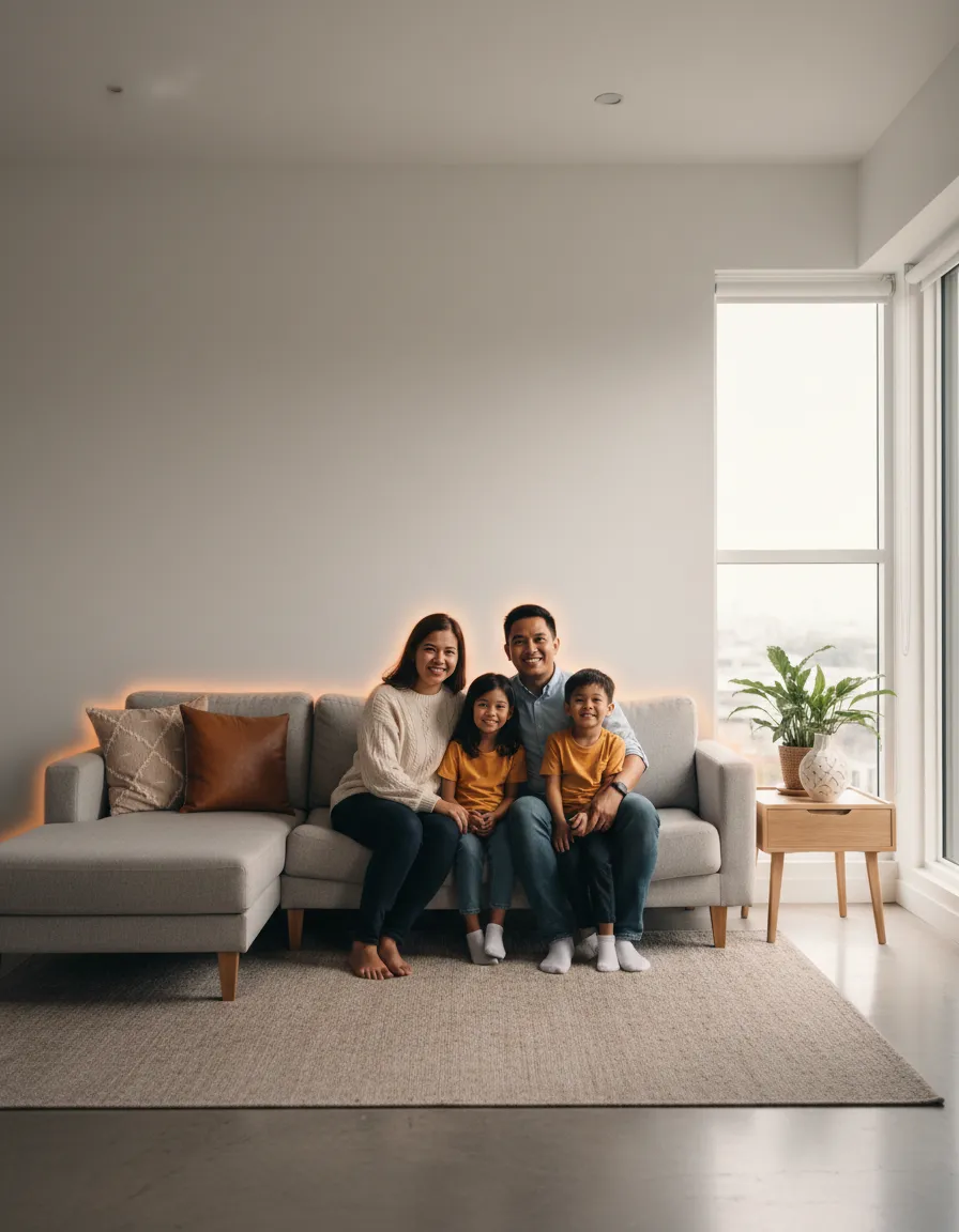 Happy Filipino family in a bright, airy setting