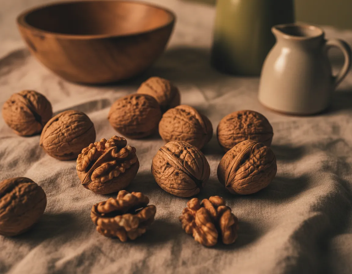 Whole walnuts naturally lit in a textured scoop