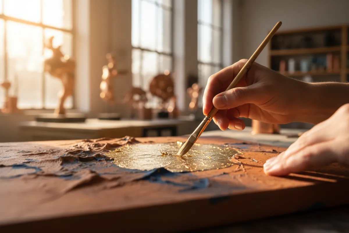 A close-up of a contemporary artist's hands delicately applying gold leaf to a large, textured canvas. The studio background is softly blurred, with warm, natural light and subtle copper reflections. The scene conveys craftsmanship, focus, and the tactile process of creation.
